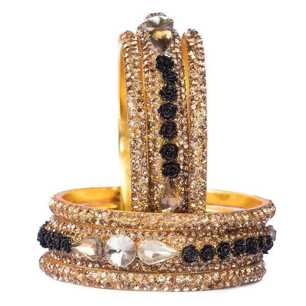 Metal with Zircon Gemstones Glossy Finished Gold & Black Color Bangles Set