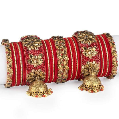 Gold and Red Fancy Latken Bridal Chura for Women front view