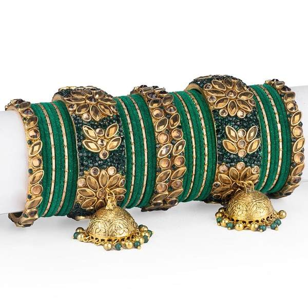 Gold and Green Fancy Latken Bridal Chura for Women front view