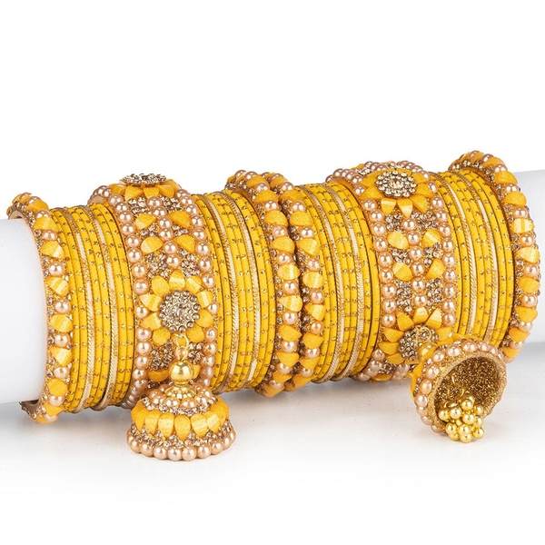 Wedding Latkan Bridal Chura Set Yellow Color Pack of 38 front view