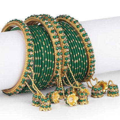 Designer Metal Bangles Set Green Color With Beautiful Latkan front view