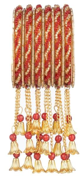 Gold & Red Color Gold Plated Metal Latkan Bangles Set front view