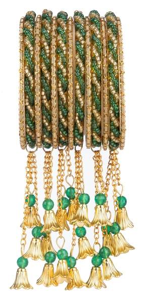 Gold and Green Color Gold Plated Metal Latkan Bangles Set front view