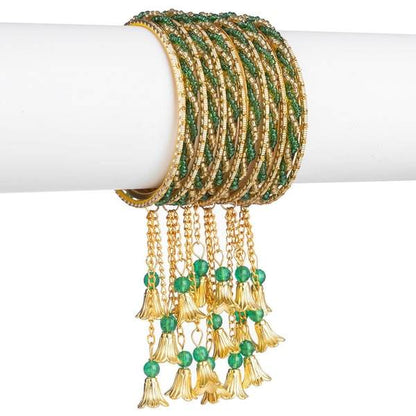 Gold and Green Color Gold Plated Metal Latkan Bangles Set