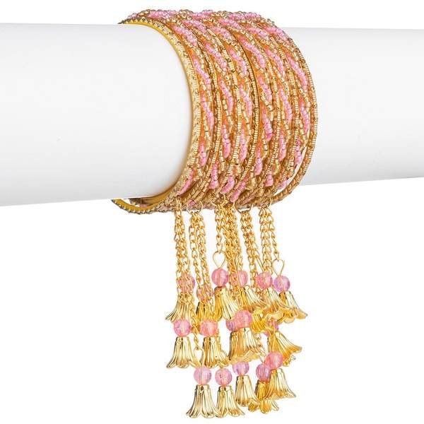 Gold & Pink Color Gold Plated Metal Latkan Bangles Set for Women