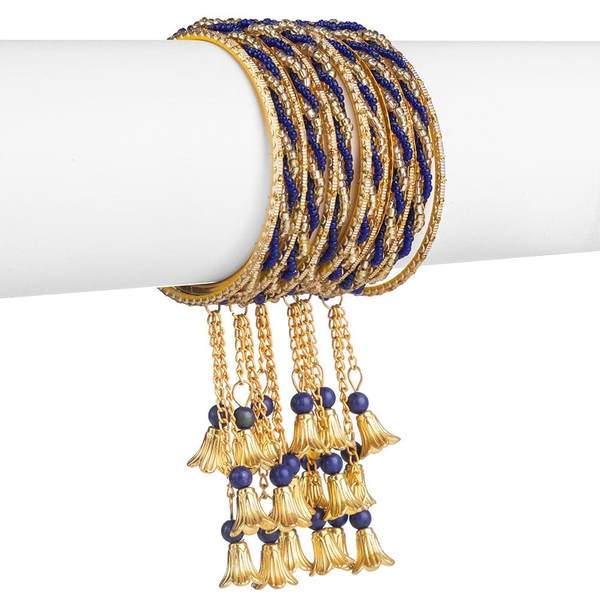 Gold and Blue Color Gold Plated Metal Latkan Bangles Set