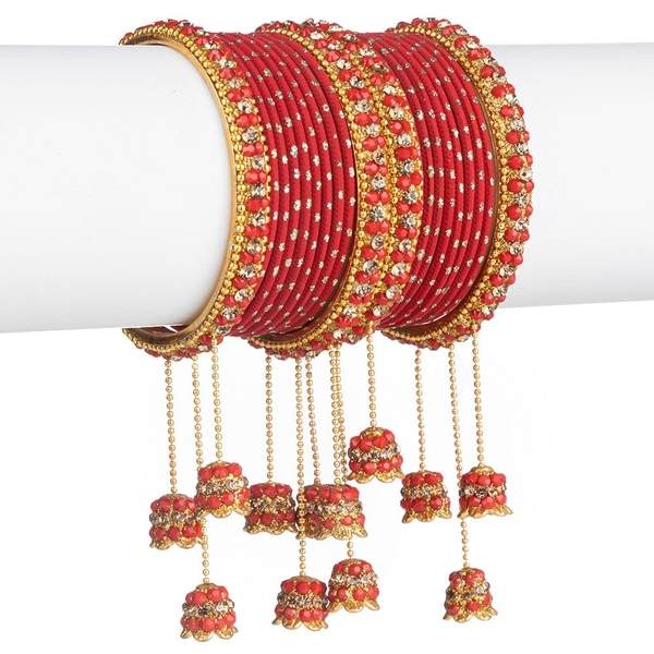 Designer Metal Bangles Set Red Color With Beautiful Latkan