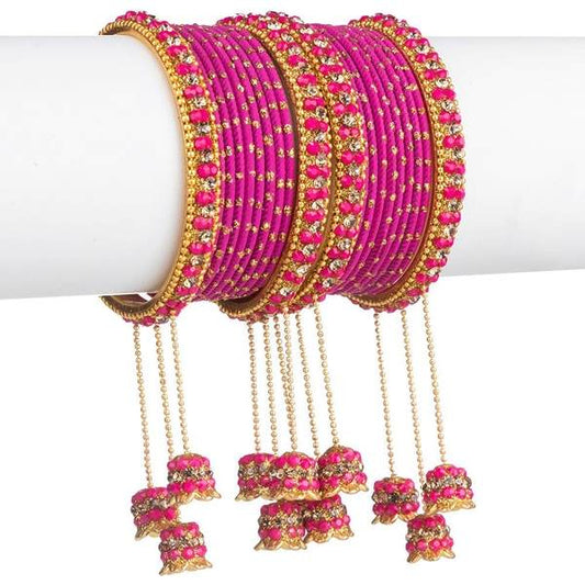 Designer Metal Bangles Set Rani Color With Beautiful Latkan