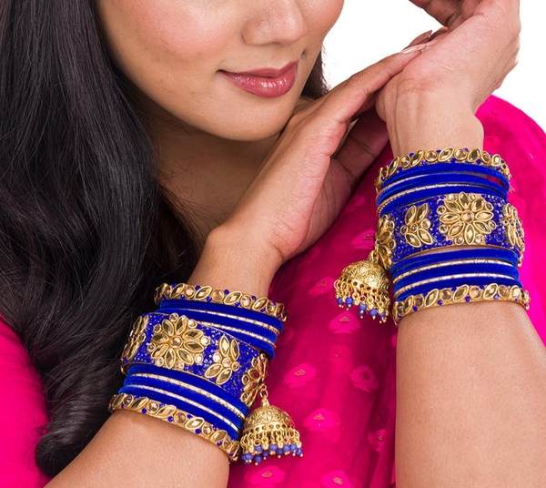 Gold and Blue Color Fancy Latken Bridal Chura for Women 02