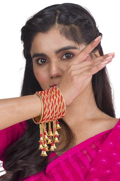 Gold & Red Color Gold Plated Metal Latkan Bangles Set together in one hand