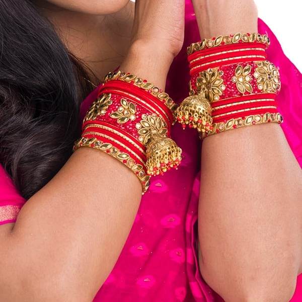 Gold and Red Fancy Latken Bridal Chura for Women 02