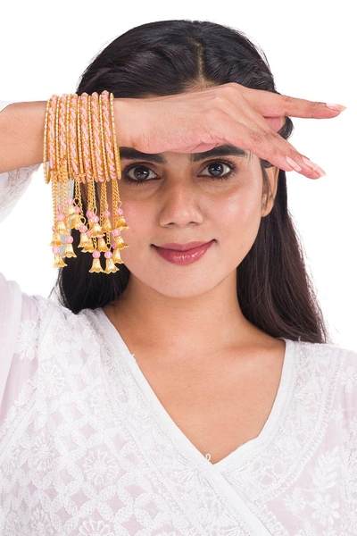 Gold & Pink Color Gold Plated Metal Latkan Bangles Set for Women together in one hand