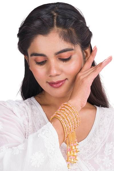 Gold & Pink Color Gold Plated Metal Latkan Bangles Set for Women together in one hand 02