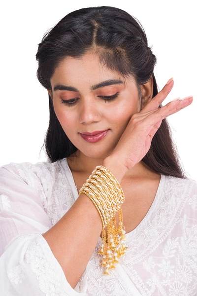 White Color Gold Plated Metal Latkan Bangles Set together in one hand 02