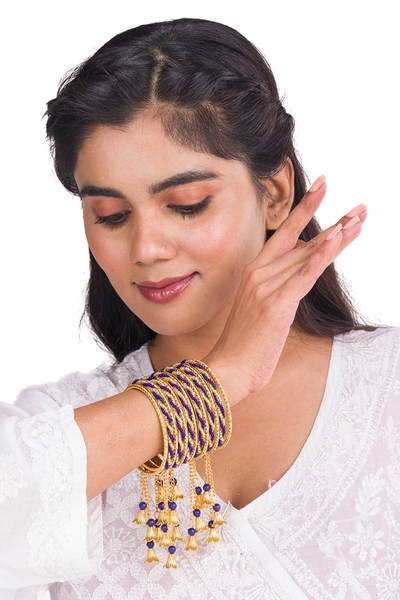 Gold and Blue Color Gold Plated Metal Latkan Bangles Set together in one hand 02