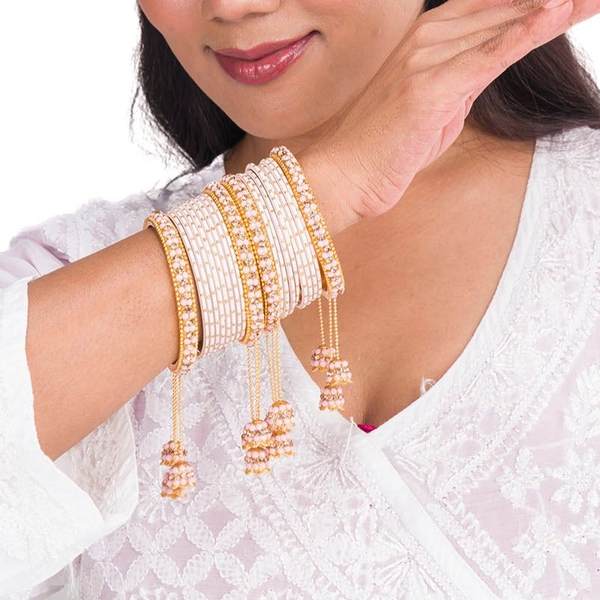 Designer Metal Bangles Set Beige Color With Beautiful Latkan 02