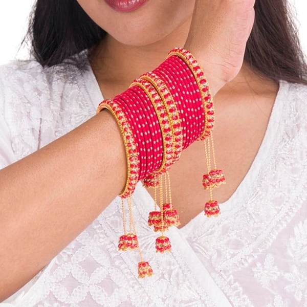 Designer Metal Bangles Set Red Color With Beautiful Latkan 02