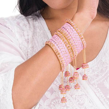 Designer Metal Bangles Set Pink Color With Beautiful Latkan 02