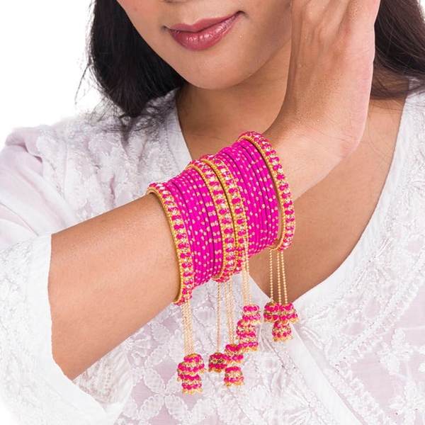 Designer Metal Bangles Set Rani Color With Beautiful Latkan 02