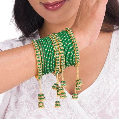 Designer Metal Bangles Set Green Color With Beautiful Latkan 02