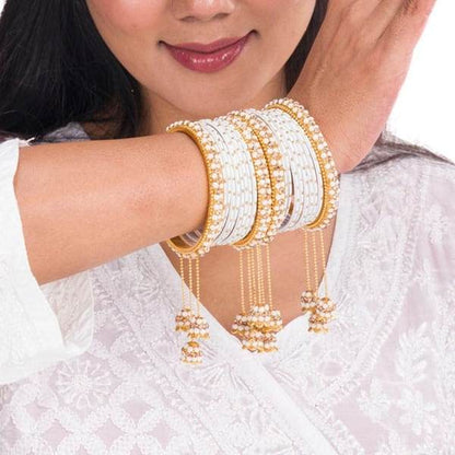 Designer Metal Bangles Set White Color With Beautiful Latkan 02