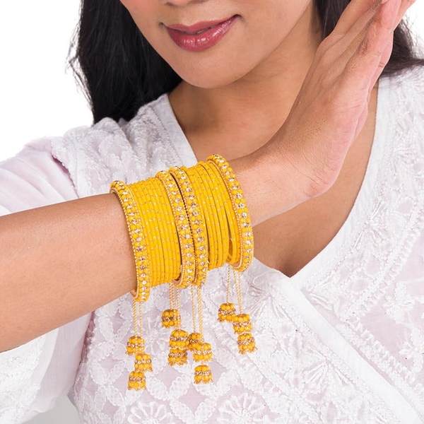 Designer Metal Bangles Set Yellow Color With Beautiful Latkan 02