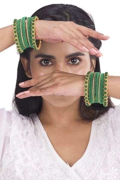 Golden and Green Velvet Bangles Set Pack of 26 together in two hand 