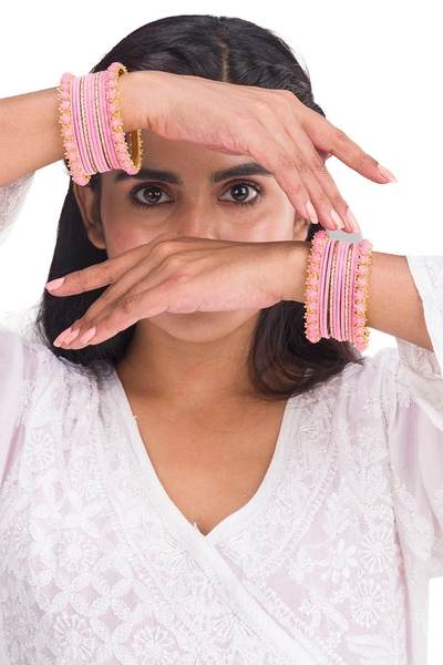 Golden and Pink Velvet Bangles Set Pack of 26 together in two hand 