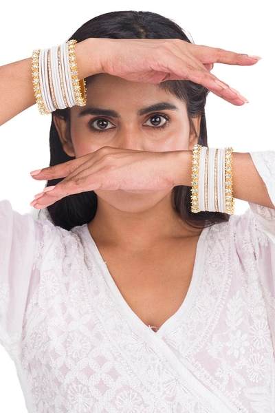 Gold Plated White Stone & White Velvet Bangles Set together in two hand