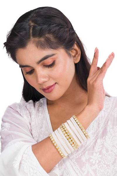 Gold Plated White Stone & White Velvet Bangles Set together in one hand