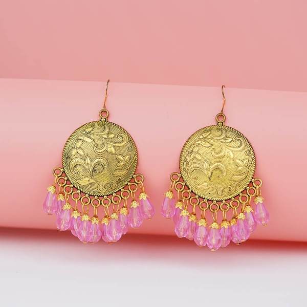 Alloy Pink Color Big Antiqe Gold-Plated Chandbali Earring Set