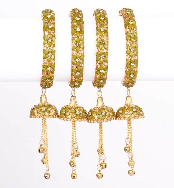 Olive Green Color Wedding Festive Latkan Bangles Set