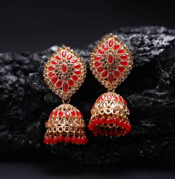 Gold-Plated Red Dome Shaped Kundan Studded Jhumka