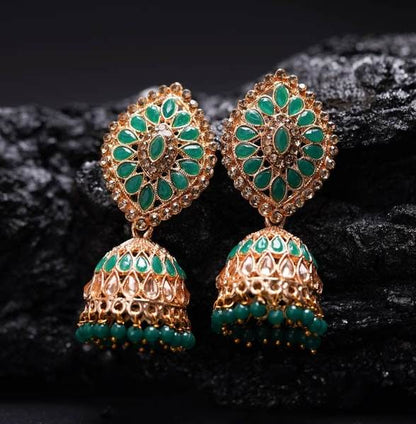 Gold-Plated Green Dome Shaped Kundan Studded Jhumka