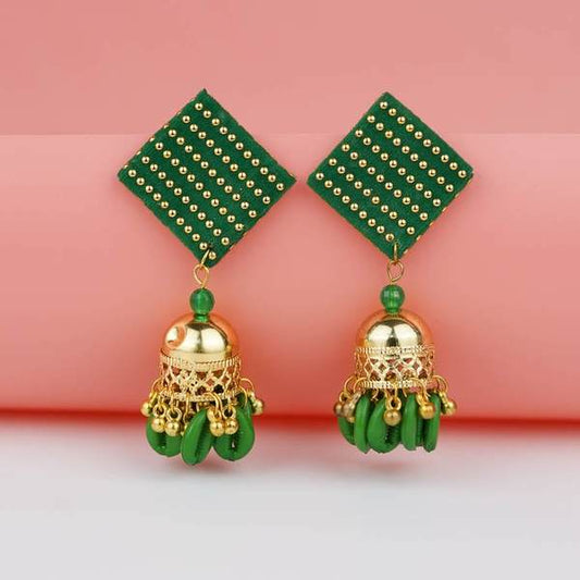 Square Shape Green Color Cotton Fabric Earrings with Jumka