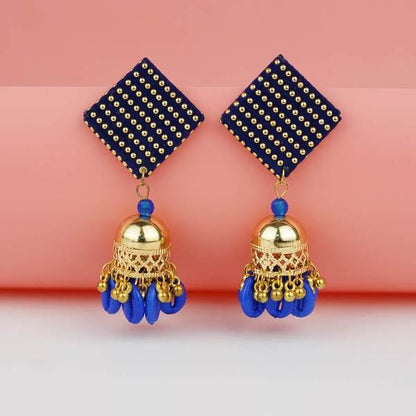 Square Shape Blue Color Cotton Fabric Earrings with Jumka