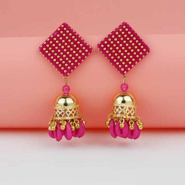 Square Shape Rani Color Cotton Fabric Earrings with Jumka