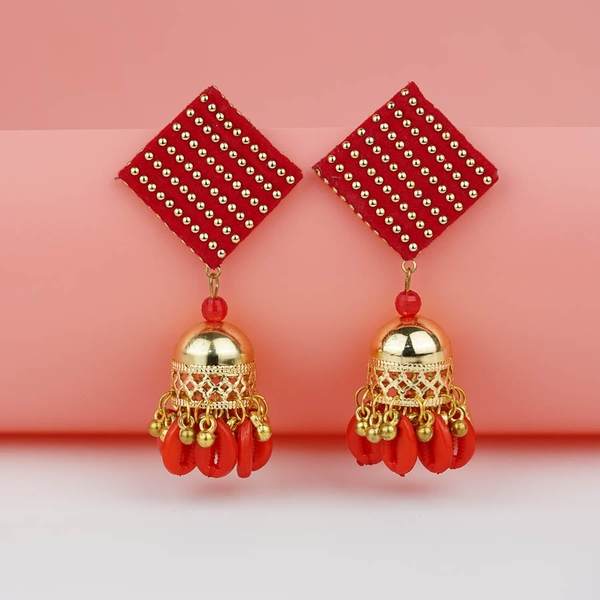 Square Shape Red Color Cotton Fabric Earrings with Jumka