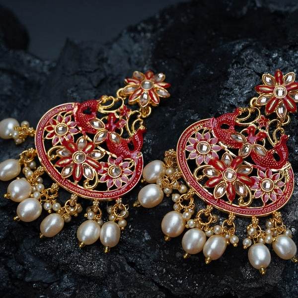 Maroon Color Antique Kundan Earrings 02