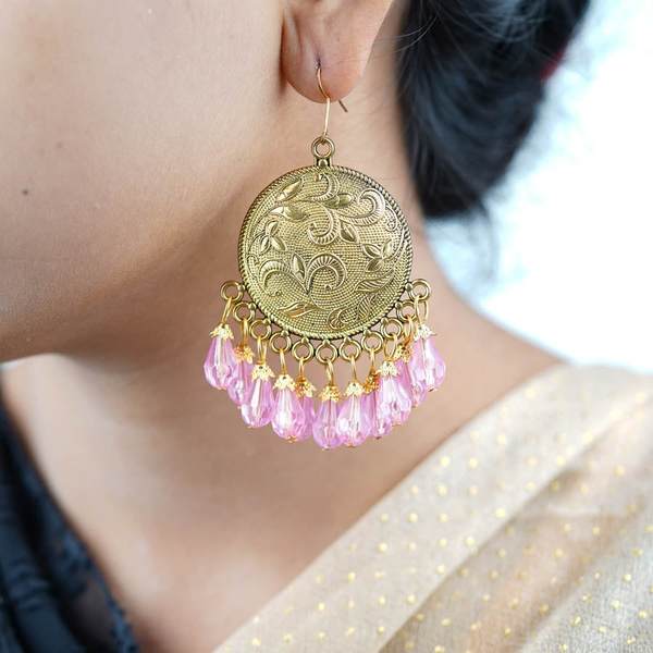 Alloy Pink Color Big Antiqe Gold-Plated Chandbali Earring Set 02