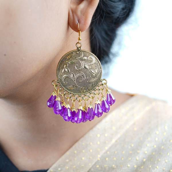 Alloy Purple Color Big Antiqe Gold-Plated Chandbali Earring Set 02