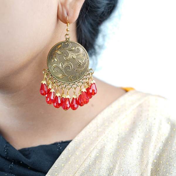 Alloy Red Color Big Antiqe Gold-Plated Chandbali Earring Set 02