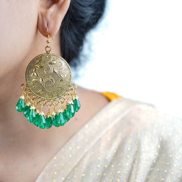 Alloy Green Color Big Antiqe Gold-Plated Chandbali Earring Set 02