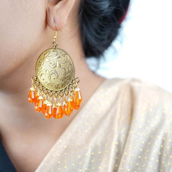 Alloy Orange Color Big Antiqe Gold-Plated Chandbali Earring Set 02