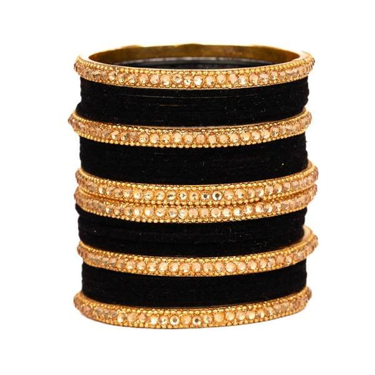 Stylish Metal with Zircon Stone & Velvet Bangles Set For Women and Girls