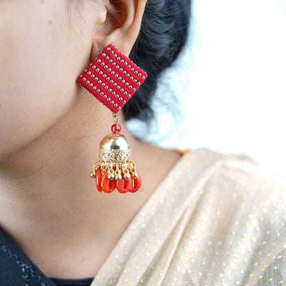 Square Shape Red Color Cotton Fabric Earrings with Jumka 02