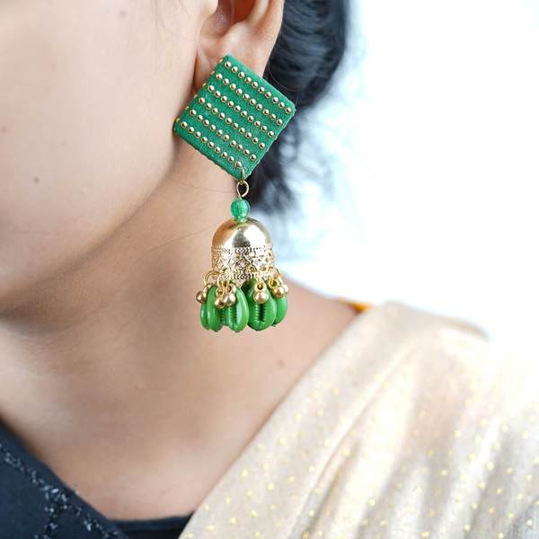 Square Shape Green Color Cotton Fabric Earrings with Jumka 02