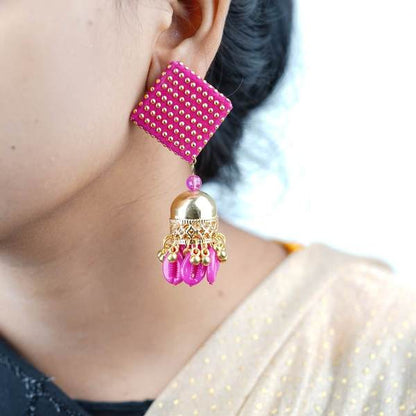 Square Shape Rani Color Cotton Fabric Earrings with Jumka 02