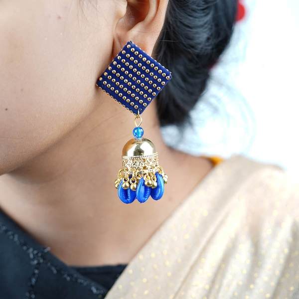 Square Shape Blue Color Cotton Fabric Earrings with Jumka 02