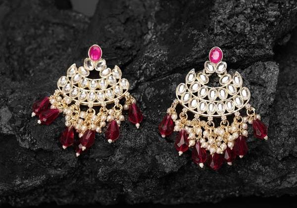 Beautiful Maroon Color Gold Plated Kundan Earrings for Women and Girls 02